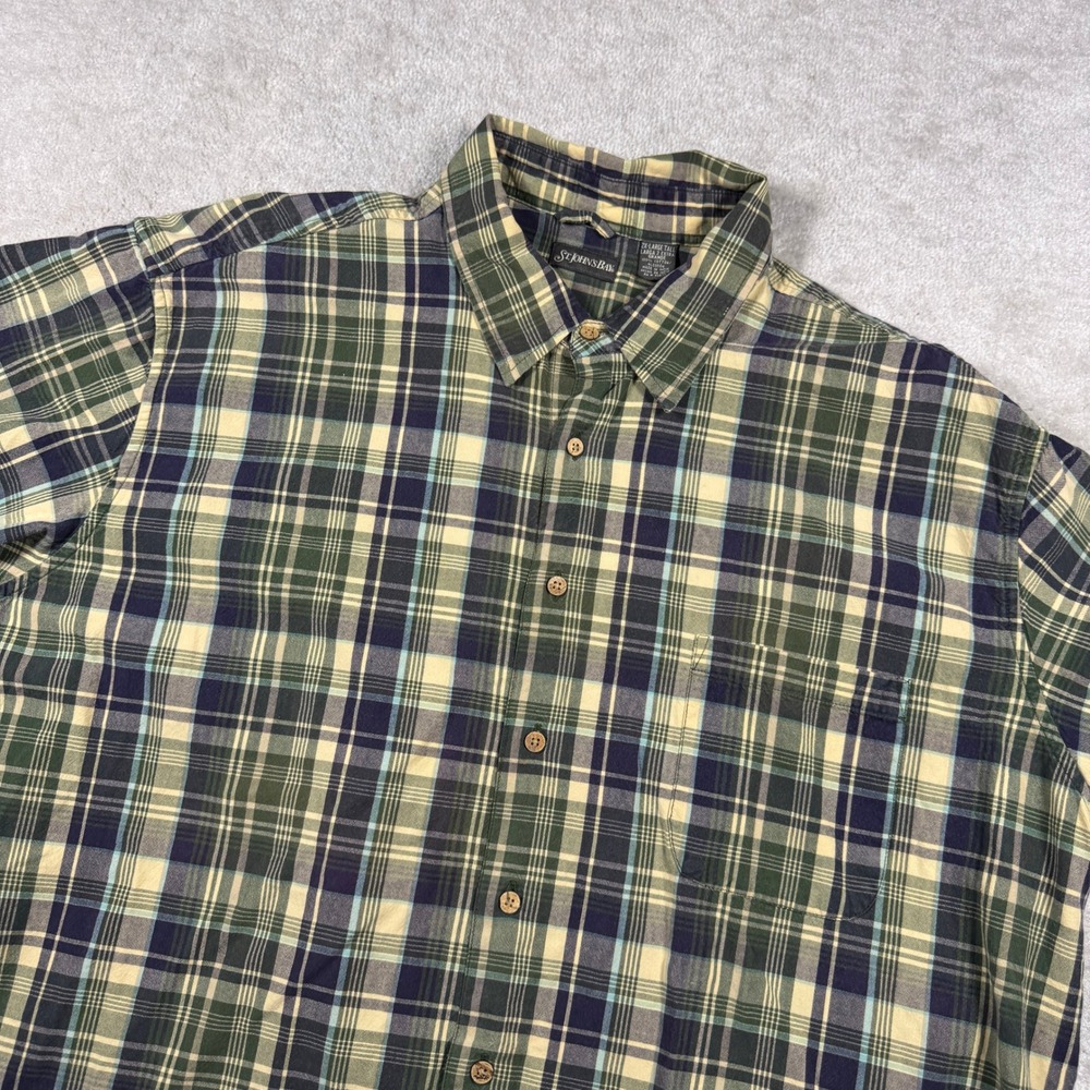 St. Johns Bay Shirt Mens 2XLT Green Plaid Short Sleeve Button Up Cotton Tall